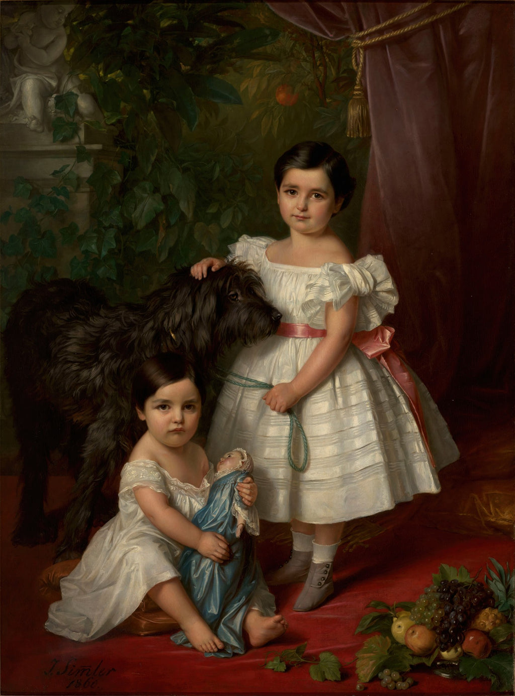 Pintura a óleo de duas meninas pequenas e um cachorro preto grande, em um ambiente clássico com cortinas e folhagem. As meninas usam vestidos brancos e o cachorro tem uma coleira dourada.