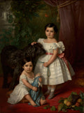 Pintura a óleo de duas meninas pequenas e um cachorro preto grande, em um ambiente clássico com cortinas e folhagem. As meninas usam vestidos brancos e o cachorro tem uma coleira dourada.