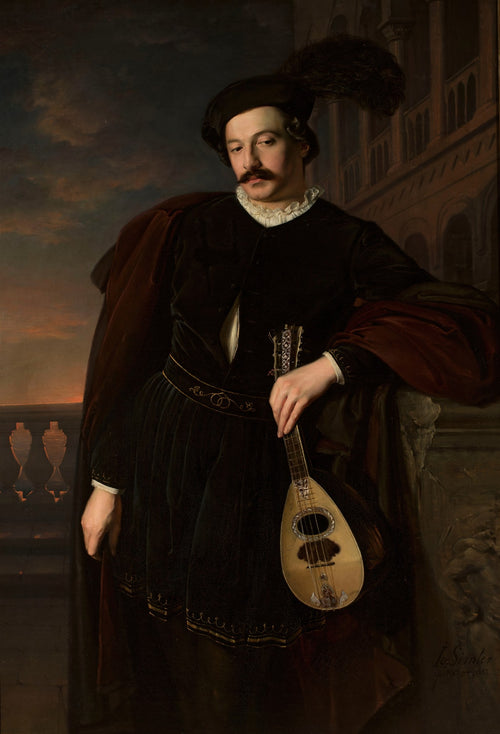 Retrato de um homem com bigode, vestindo roupas históricas escuras e um chapéu com pluma, segurando um mandolim, com um céu dramático ao fundo. Atribuído a Józef Simmler.