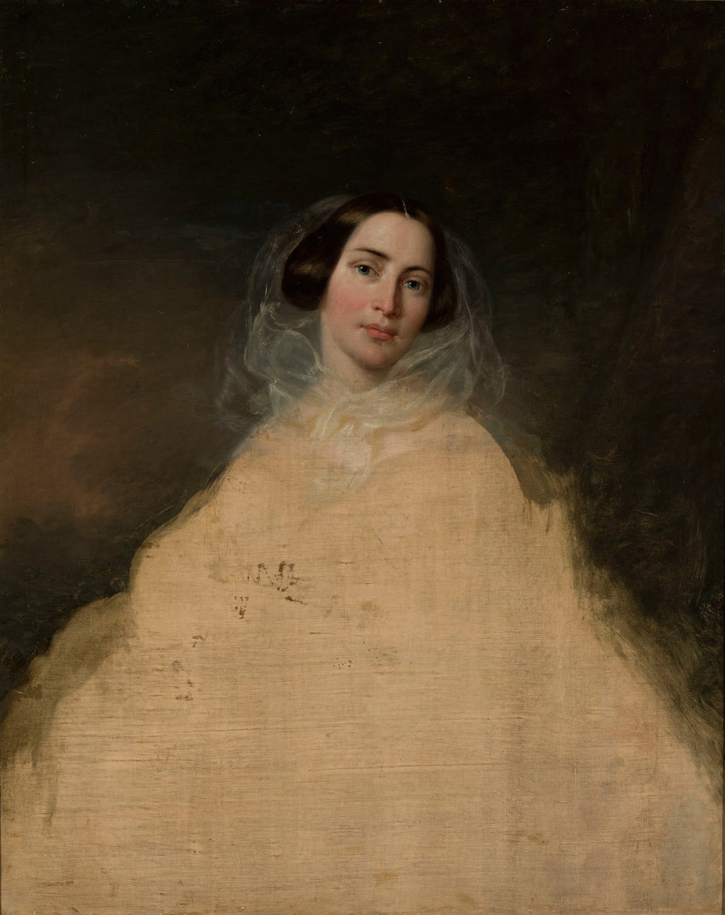 Quadro decorativo com retrato de uma mulher jovem de cabelos escuros e olhar sereno, usando um véu branco transparente sobre os ombros, em estilo clássico. A parte inferior da pintura parece inacabada, mostrando a tela clara e pinceladas mais soltas.