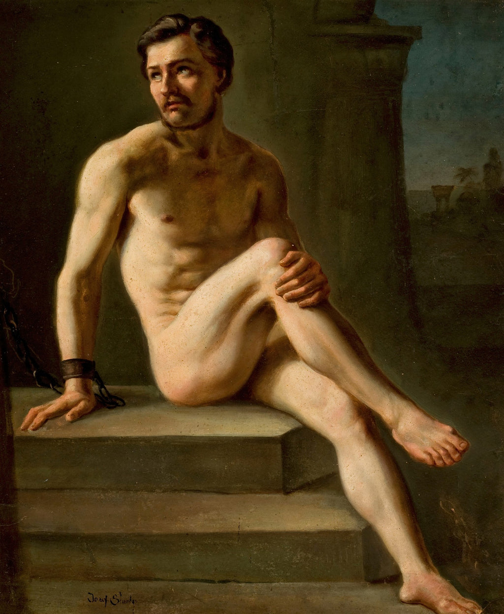 Quadro decorativo do artista Józef Simmler, retrato de um homem nu, acorrentado, com olhar pensativo e pernas cruzadas, sentado sobre degraus em um fundo escuro.