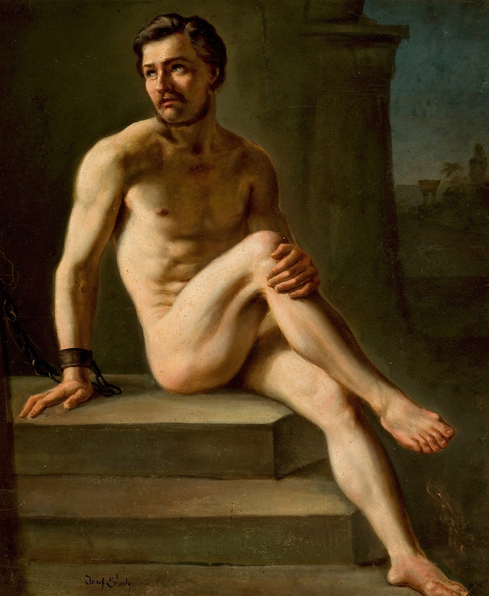 Quadro decorativo do artista Józef Simmler, retrato de um homem nu, acorrentado, com olhar pensativo e pernas cruzadas, sentado sobre degraus em um fundo escuro.