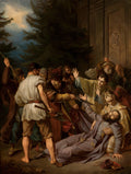 Pintura a óleo de Józef Simmler, 'A Morte de Ludwika', retratando uma cena histórica dramática com várias figuras. No centro, uma figura feminina parece estar morrendo nos braços de outros, enquanto homens armados e outras figuras observam com expressões de choque e desespero. O fundo apresenta uma construção arquitetônica e árvores escuras sob um céu tempestuoso.