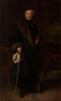 Retrato de corpo inteiro de um cavalheiro idoso com bigode, vestindo um casaco escuro com gola de pele e segurando uma bengala, em um ambiente clássico escuro.