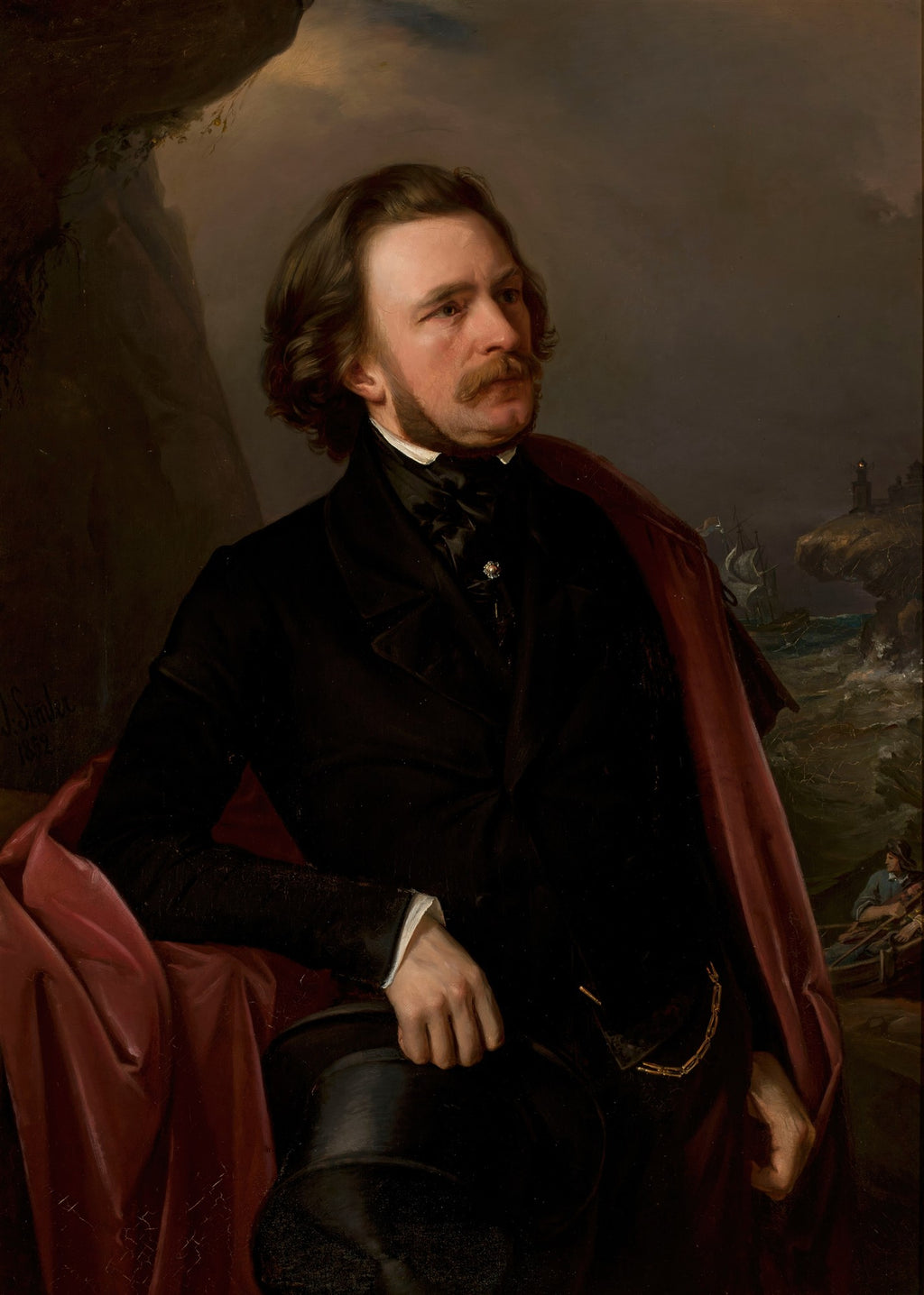 Retrato a óleo de um homem com bigode e barba, vestindo terno escuro e manto vermelho, com uma tempestade no mar ao fundo, pintado por Józef Simmler.