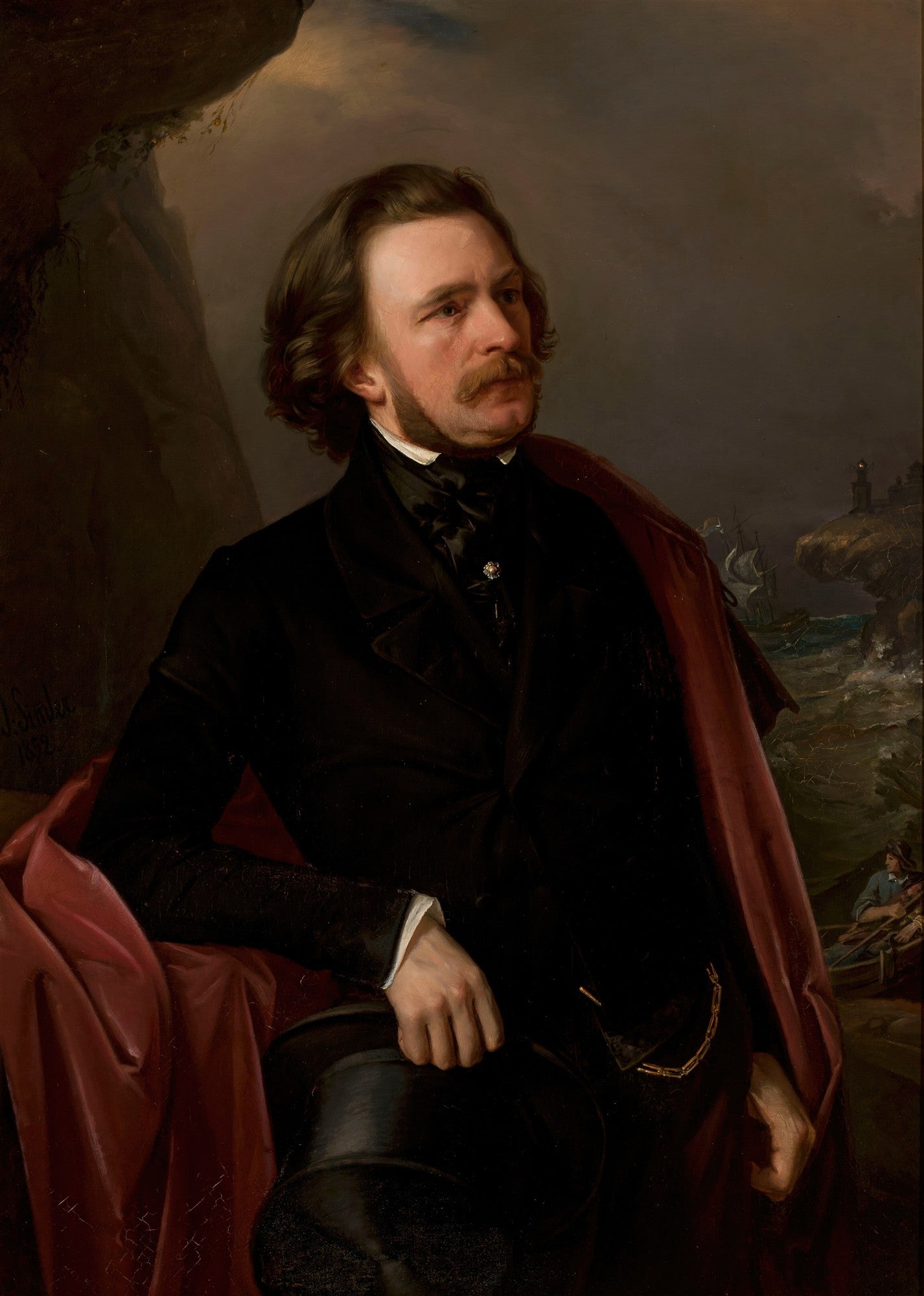 Retrato a óleo de um homem com bigode e barba, vestindo terno escuro e manto vermelho, com uma tempestade no mar ao fundo, pintado por Józef Simmler.