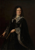 Retrato a óleo de uma dama do século XIX, vestindo um elegante vestido preto de seda com gola de renda branca, um broche de camafeu e um leque na mão, com fundo escuro.