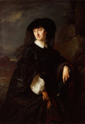 Retrato de uma mulher de meia-idade, vestida de preto com um chapéu grande e véu escuro, em um fundo dramático e rochoso. Atribuído a Józef Simmler.