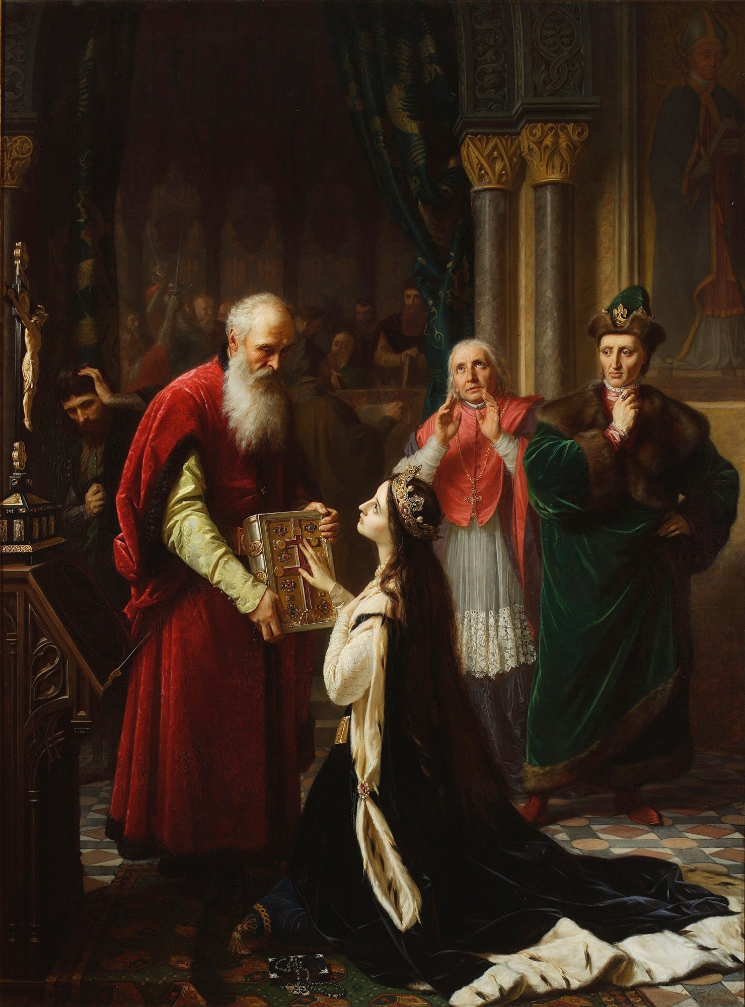 Quadro decorativo detalhado de Józef Simmler, 'A Oferta do Livro Sagrado', mostrando uma mulher ajoelhada recebendo um livro de um homem barbudo, em um cenário palaciano com outras figuras observando.