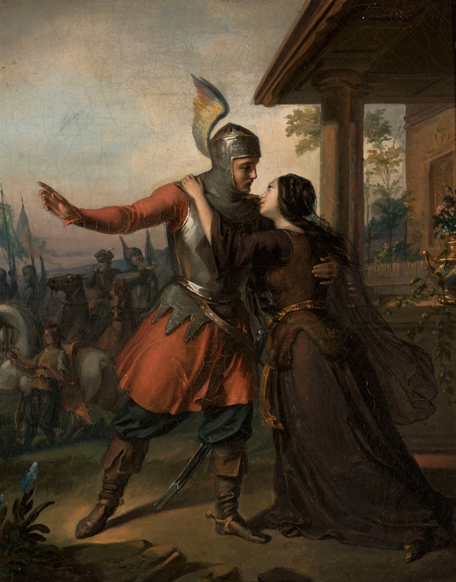 Quadro decorativo com pintura a óleo de Józef Simmler, retratando um cavaleiro com elmo alado e armadura abraçando uma mulher de vestido escuro em um momento de despedida, com um exército ao fundo.