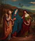 Uma pintura a óleo retratando três figuras femininas em luto, em uma paisagem árida com cruzes ao fundo, atribuída a Józef Simmler. As mulheres estão vestidas com túnicas em tons de azul, verde e ocre, com expressões de profunda tristeza. A figura central, em azul, parece consolar a mulher à direita, enquanto a da esquerda esconde o rosto em suas mãos.