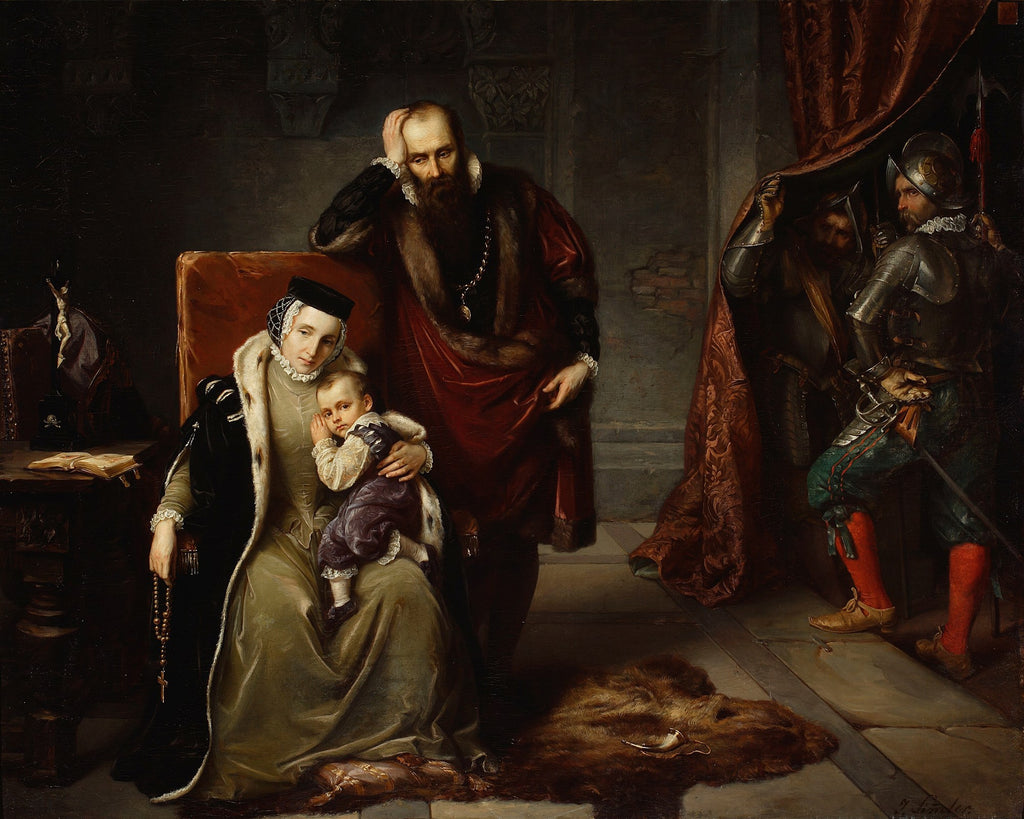 Pintura a óleo de Józef Simmler, 'A Partida de D. Henrique II de Valois para a Guerra da Silésia', representando uma rainha com um bebê no colo, um rei ao lado com expressão preocupada, e soldados armados espreitando ao fundo, com cores sóbrias e dramáticas.