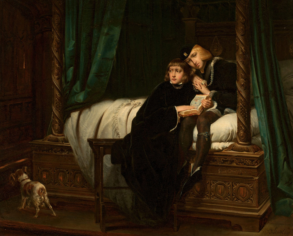 Quadro decorativo com pintura de Józef Simmler, 'Os Dois Irmãos', mostrando dois jovens príncipes em uma cama ricamente adornada, um lendo um livro enquanto o outro o abraça, com um pequeno cachorro ao fundo.