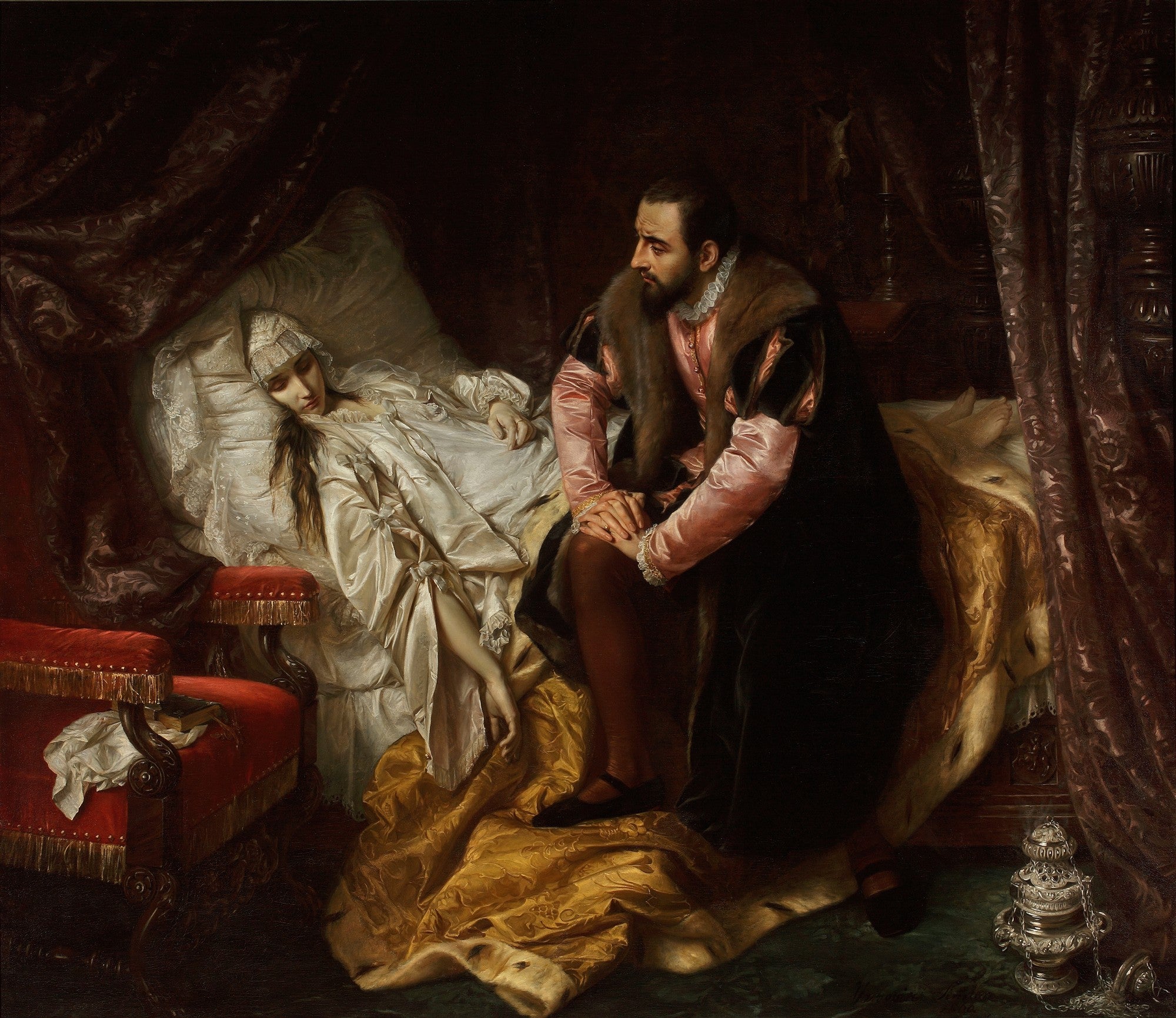 Quadro 'A Morte de Barbara Radziwill' de Józef Simmler, mostrando um homem de luto ao lado da cama de uma mulher falecida em um quarto luxuoso.
