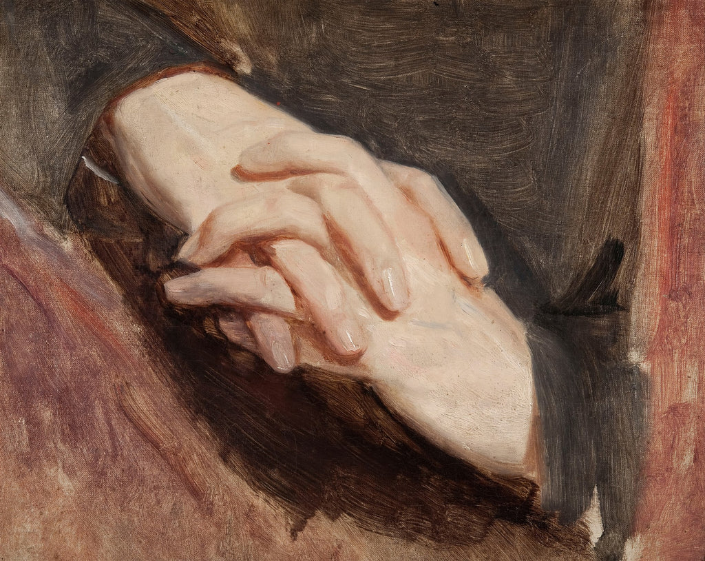 Pintura a óleo de mãos entrelaçadas, atribuída a Józef Simmler. As mãos de pele clara estão suavemente sobrepostas, com os dedos curvados e unhas bem cuidadas. O fundo é composto por tons escuros de marrom e vermelho-escuro, com pinceladas visíveis, sugerindo tecidos ou vestimentas. A iluminação destaca a textura da pele e a delicadeza do gesto.