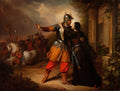 Quadro decorativo 'A Partida do Soldado' de Józef Simmler, mostrando um guerreiro em armadura se despedindo de uma mulher em prantos, com cavalaria ao fundo.