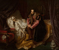 Quadro decorativo mostrando a obra 'A Morte de Barbara Radziwill' de Józef Simmler, com uma mulher pálida deitada em uma cama e um homem de vestes ricas sentado ao lado, expressando tristeza. A cena é dramática e historicista.