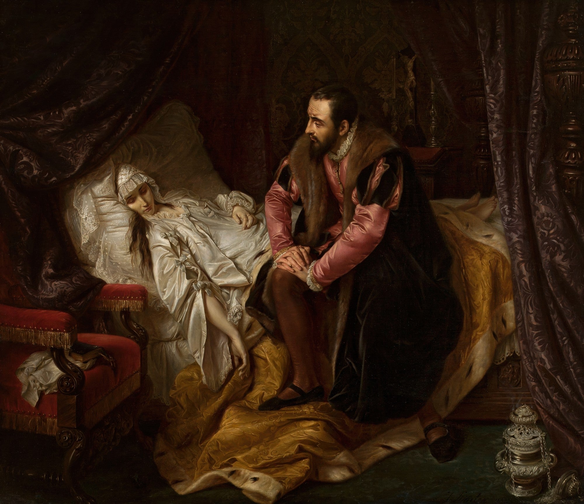 Quadro decorativo mostrando a obra 'A Morte de Barbara Radziwill' de Józef Simmler, com uma mulher pálida deitada em uma cama e um homem de vestes ricas sentado ao lado, expressando tristeza. A cena é dramática e historicista.