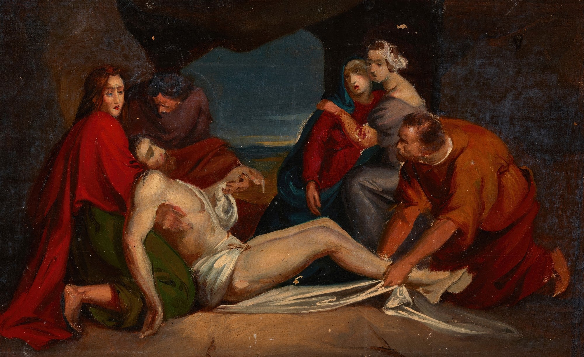 Quadro decorativo 'A Lamentação de Cristo' de Józef Simmler, representando figuras bíblicas em luto ao redor do corpo de Cristo, com tons escuros e detalhes expressivos.