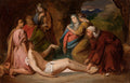 Quadro decorativo mostrando a Lamentação de Cristo, com figuras em tons terrosos e uma figura central deitada, com a cabeça apoiada no colo de outra pessoa. A cena é dramática e emocional, com luz e sombra acentuadas, típica do Romantismo.