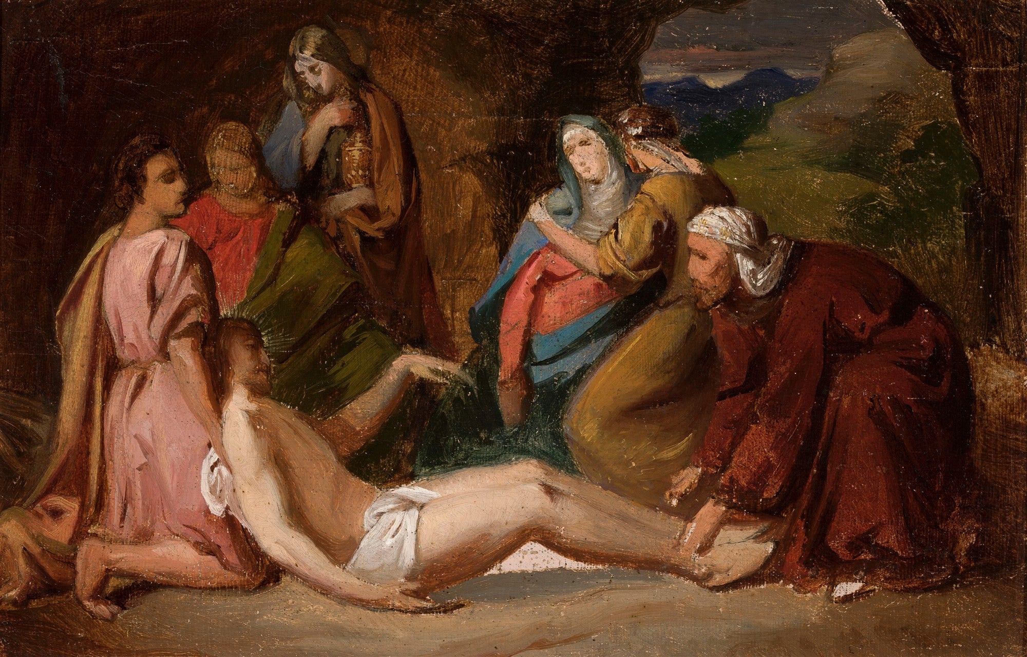 Quadro decorativo mostrando a Lamentação de Cristo, com figuras em tons terrosos e uma figura central deitada, com a cabeça apoiada no colo de outra pessoa. A cena é dramática e emocional, com luz e sombra acentuadas, típica do Romantismo.