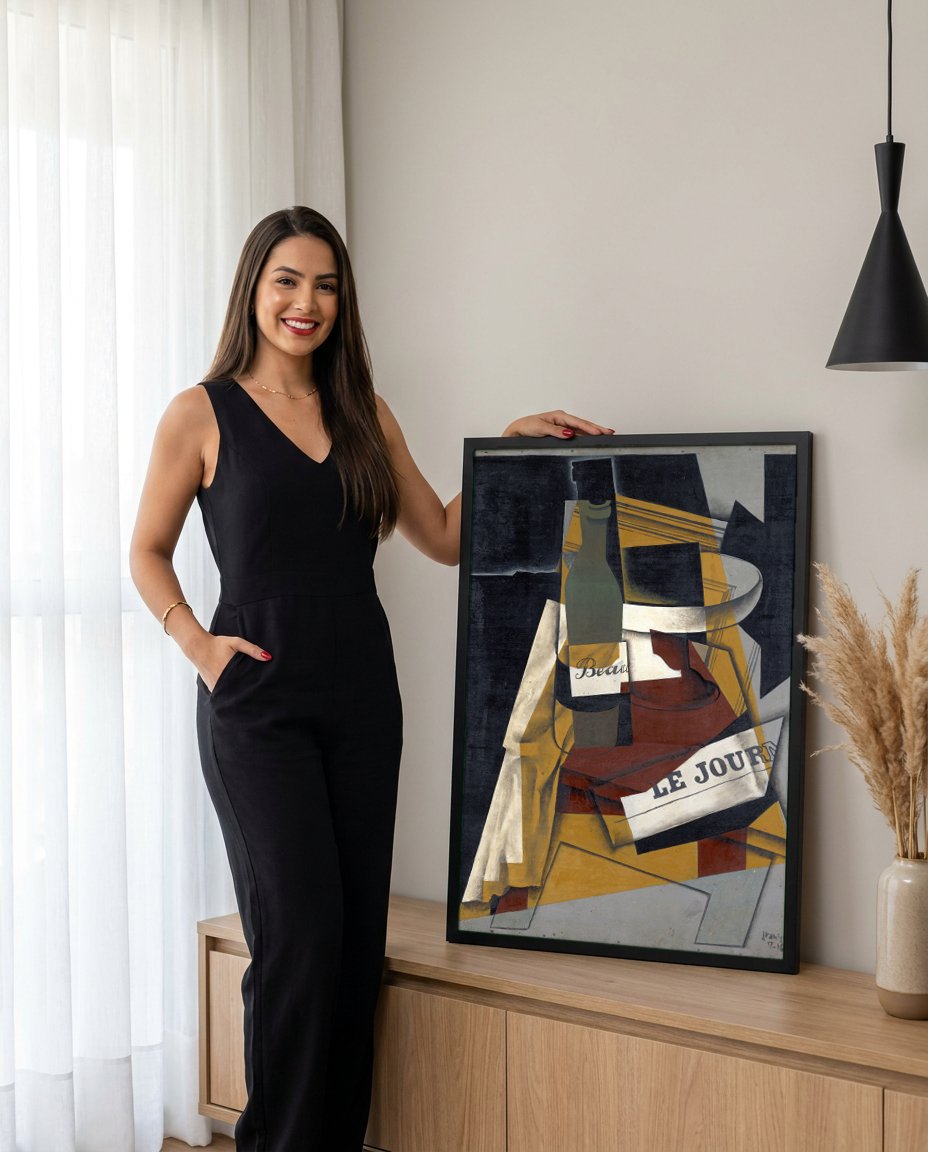Quadro Decorativo 'Garrafa e Fruteira' - Juan Gris com modelo em ambiente