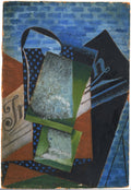 Pintura cubista de Juan Gris de 1915, apresentando uma natureza-morta abstrata com formas geométricas em tons de azul, verde, marrom e preto. Detalhes de letras como 'Tr' e 'n' são visíveis em alguns planos, sobre um fundo azul tijolado. Há uma alça preta curva na parte superior esquerda.