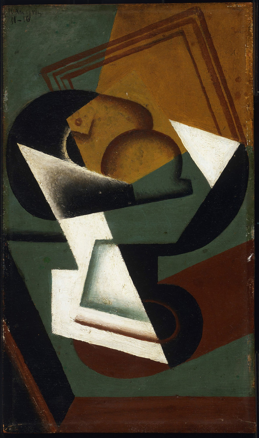 Quadro decorativo com obra abstrata de Juan Gris, apresentando formas geométricas em tons de verde escuro, marrom, ocre e detalhes em branco e preto, característica do cubismo analítico com uma assinatura no canto superior esquerdo 'J. Gris 11-16'.