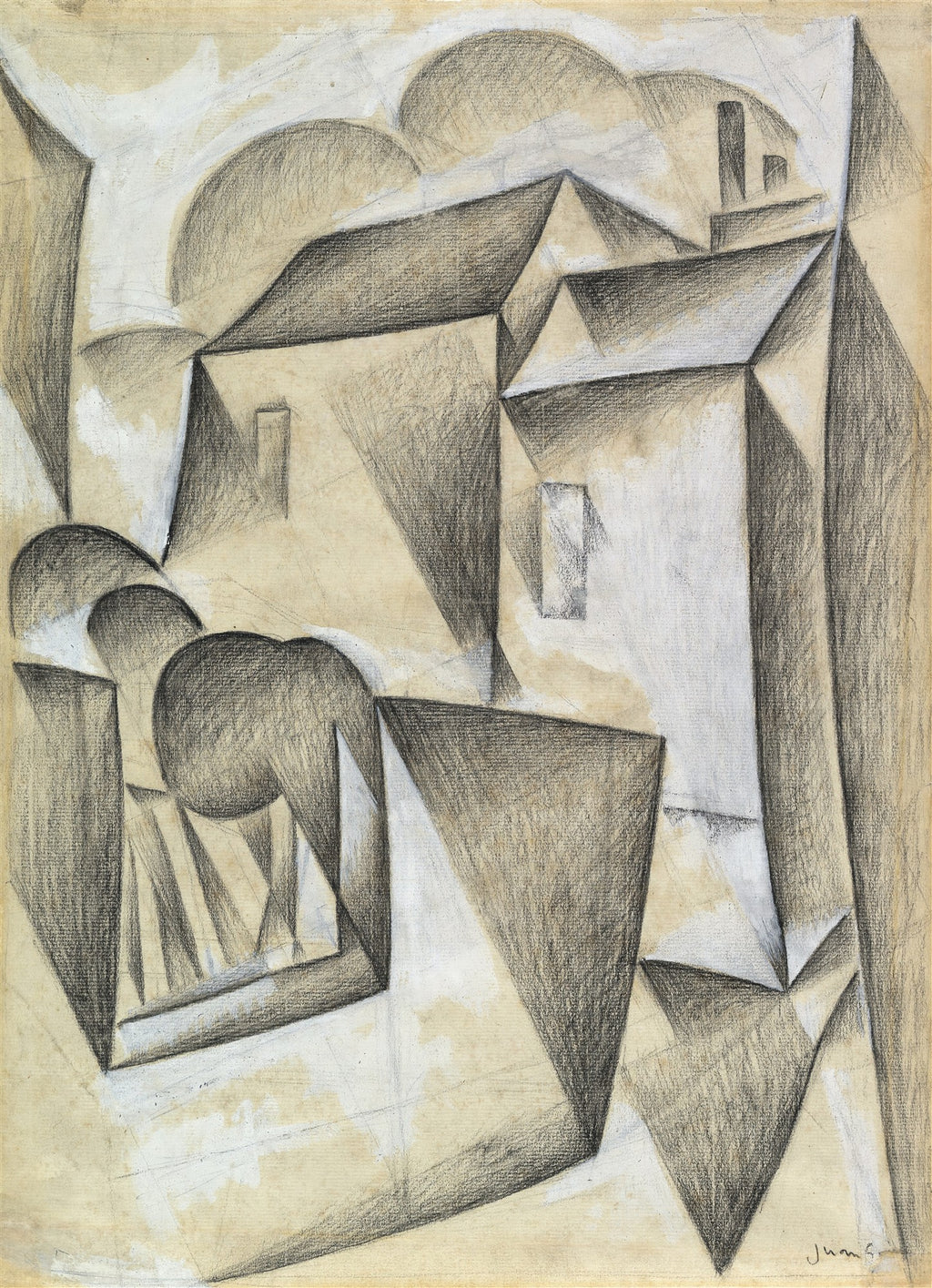 Desenho cubista de casas e paisagem, com formas geométricas e tons de cinza e bege, atribuído a Juan Gris.