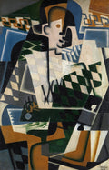 Pintura cubista de Juan Gris, 'Man in a Café', representando um homem sentado com um violão através de formas geométricas fragmentadas em tons de verde, azul, marrom e branco.