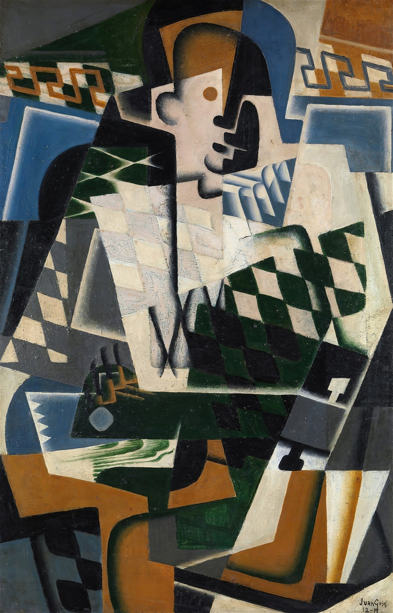 Pintura cubista de Juan Gris, 'Man in a Café', representando um homem sentado com um violão através de formas geométricas fragmentadas em tons de verde, azul, marrom e branco.