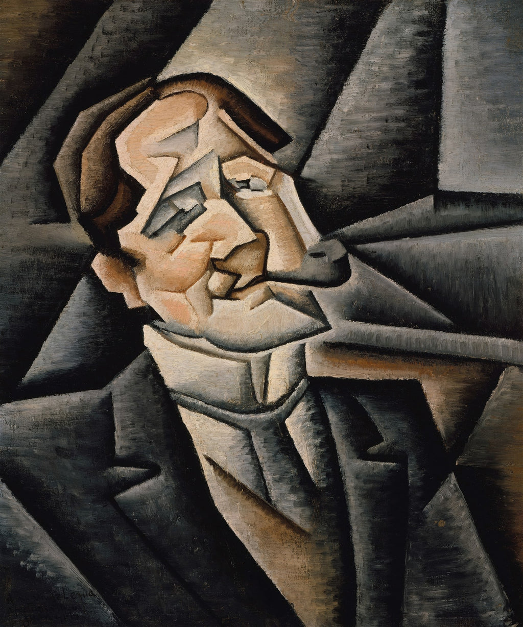 Retrato cubista de homem com terno escuro e camisa clara, em tons de marrom, cinza e bege, assinado por Juan Gris