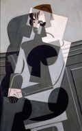 Pintura cubista de Juan Gris, "A Mulher Sentada", representando uma figura feminina em tons de cinza, preto e branco com formas geométricas e sobreposições. A mulher está sentada em uma cadeira, com o rosto estilizado e as mãos entrelaçadas.