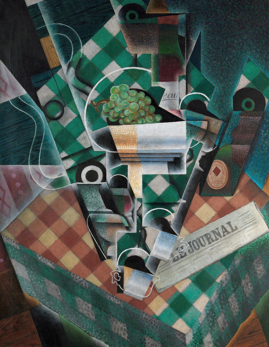 Pintura cubista de Juan Gris, Cesto de Frutas e Jornal, com uvas verdes em uma taça, um jornal e xadrez verde e laranja. Estilo geométrico e cores terrosas.