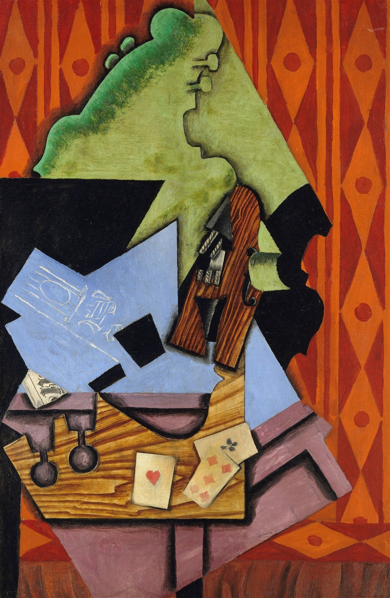 Quadro decorativo cubista de Juan Gris, 'A Mesa do Jogador', com formas geométricas e cores vibrantes, incluindo cartas de baralho e uma garrafa, em tons de verde, azul, laranja e madeira.