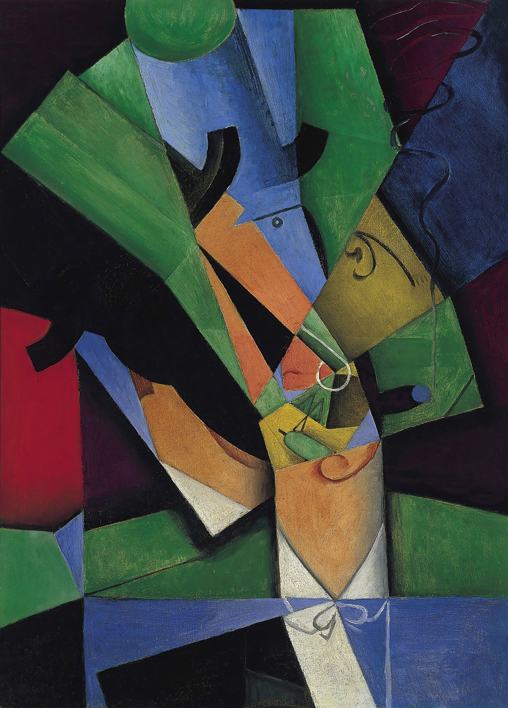 Quadro cubista de Juan Gris, "Homem no Café", com formas geométricas em tons de azul, verde, laranja, vermelho e preto, representando uma figura sentada em um café.