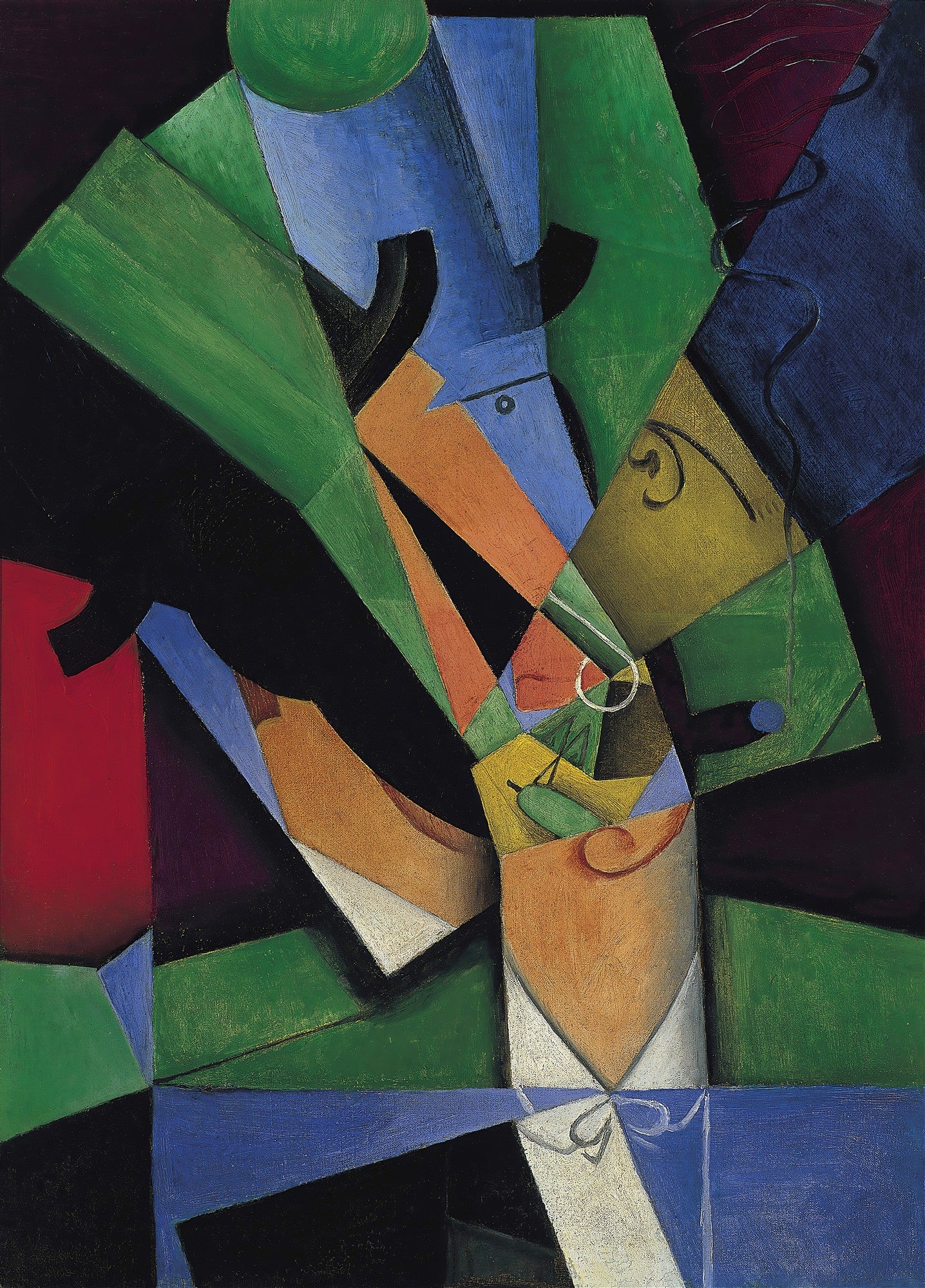 Quadro cubista de Juan Gris, "Homem no Café", com formas geométricas em tons de azul, verde, laranja, vermelho e preto, representando uma figura sentada em um café.