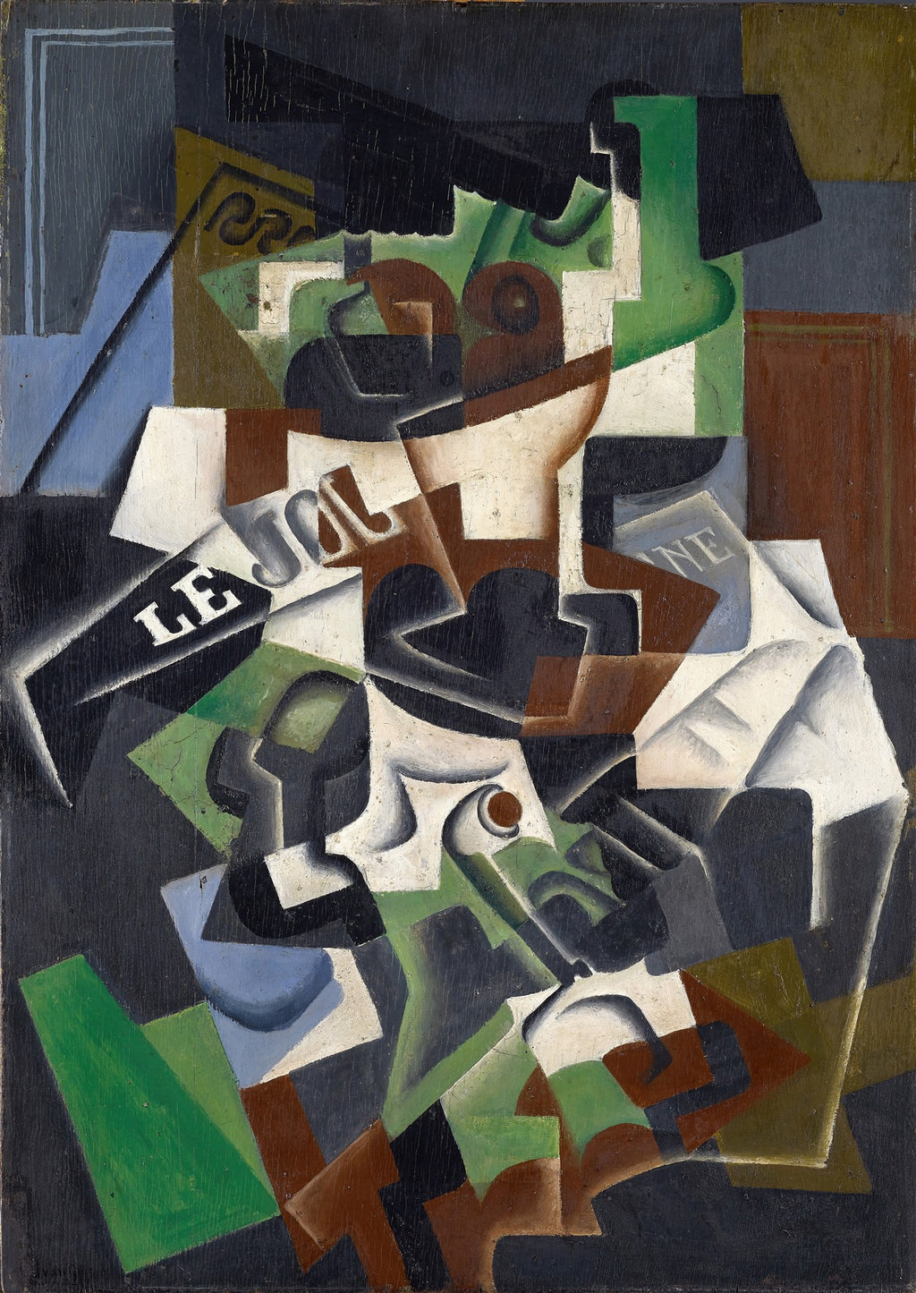 Quadro decorativo cubista de Juan Gris, com formas geométricas e cores terrosas representando uma natureza morta com jornal.