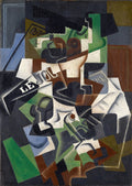 Quadro decorativo cubista de Juan Gris, com formas geométricas e cores terrosas representando uma natureza morta com jornal.