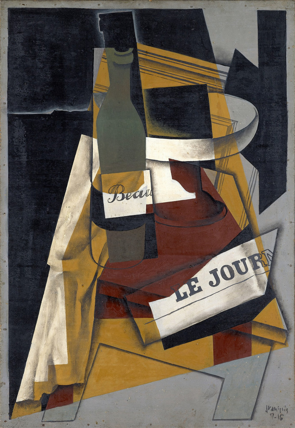 Quadro decorativo cubista de Juan Gris, 'Garrafa e Fruteira', com formas geométricas e tons de verde, marrom, ocre e preto, apresentando uma garrafa, uma fruteira e um jornal com a palavra 'LE JOURNAL'.