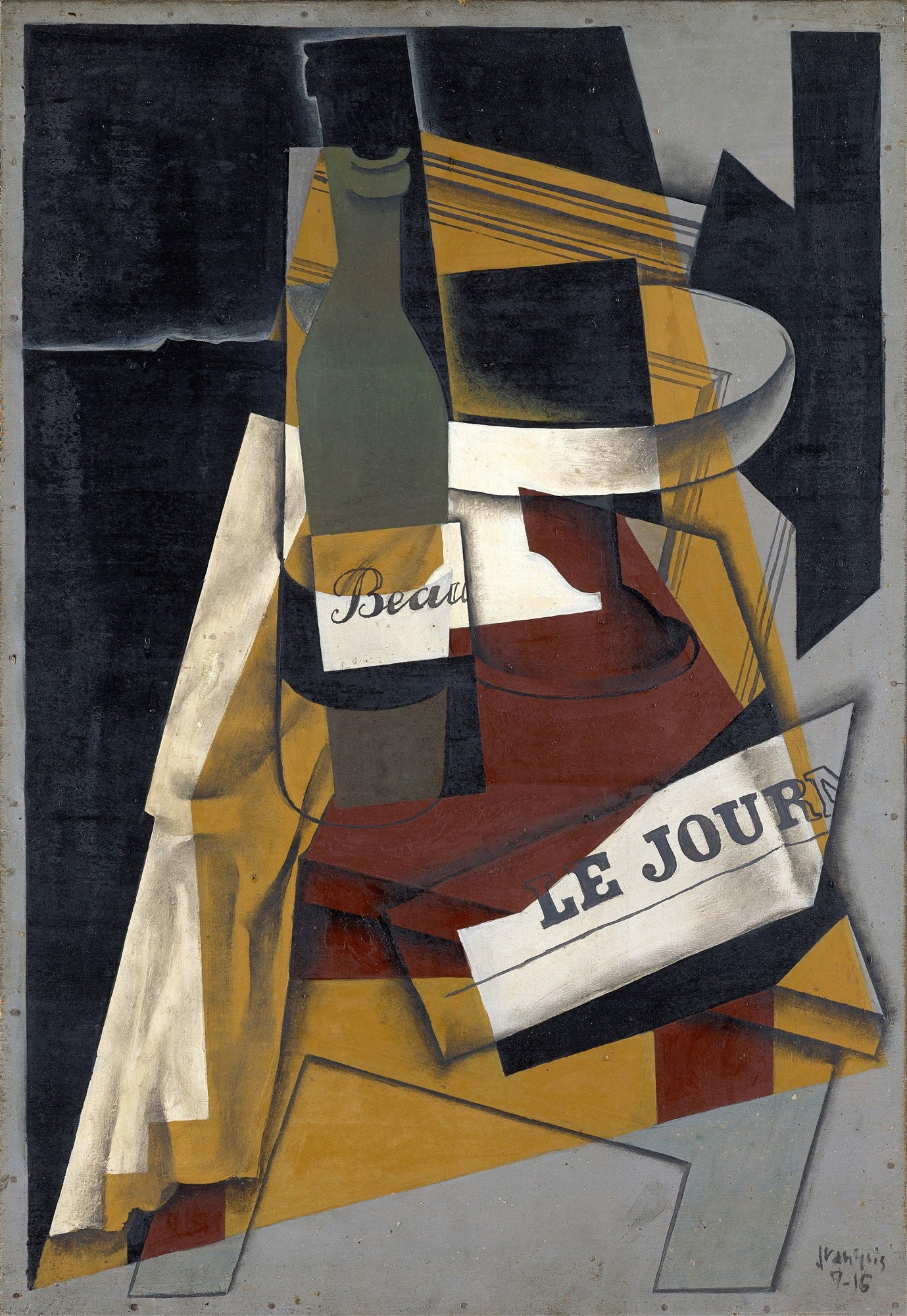 Quadro decorativo cubista de Juan Gris, 'Garrafa e Fruteira', com formas geométricas e tons de verde, marrom, ocre e preto, apresentando uma garrafa, uma fruteira e um jornal com a palavra 'LE JOURNAL'.