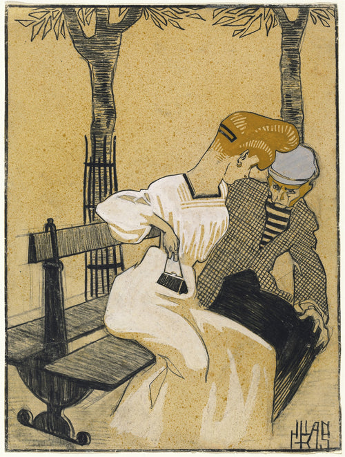 Impressão fine art 'La Femme à la brosse' de Juan Gris, mostrando uma mulher penteando um homem em um banco de parque, em tons terrosos e estilo gráfico.