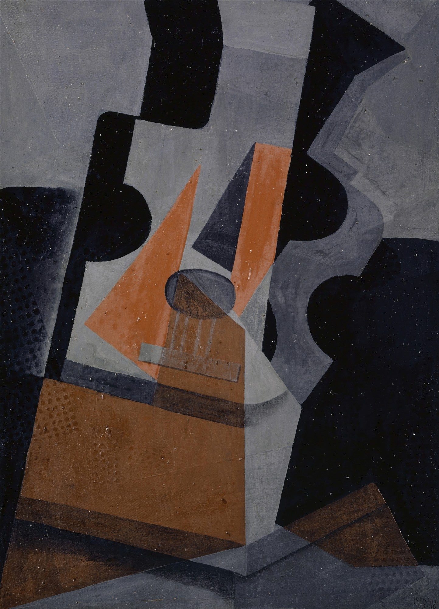 Quadro decorativo cubista 'A Guitarra' de Juan Gris, com formas geométricas abstratas em tons de cinza, preto, marrom e laranja, representando um instrumento musical
