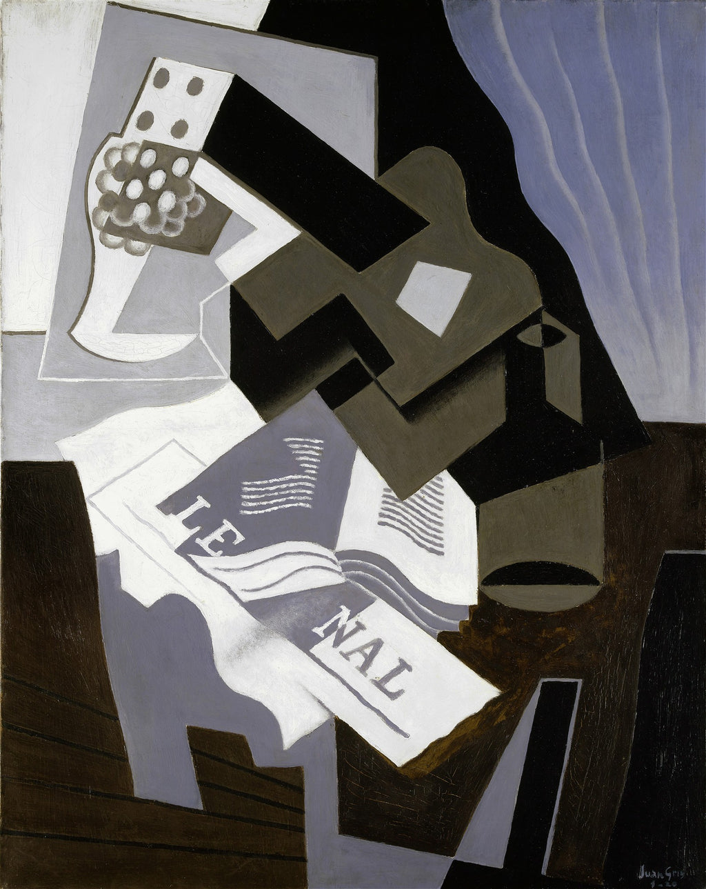 Quadro decorativo cubista de Juan Gris, Natureza-Morta com Jornal, apresentando objetos fragmentados como garrafa, uvas e jornal em tons de cinza, marrom e preto.
