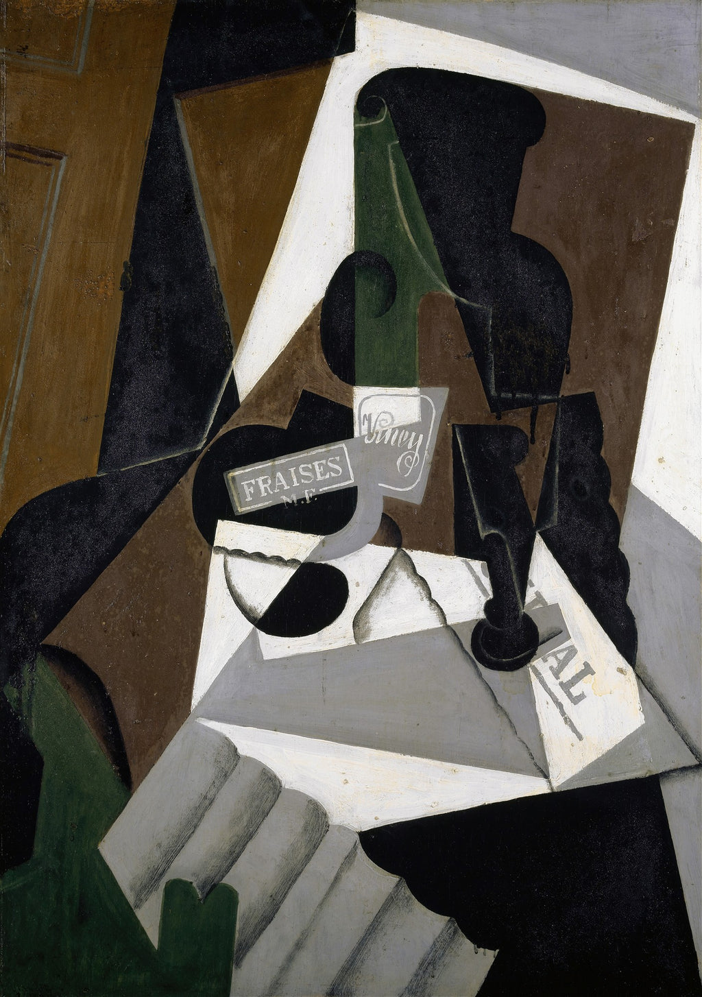Quadro cubista de Juan Gris, uma natureza morta com garrafa verde, jornal e objetos fragmentados em tons de marrom, preto, branco e verde, com formas geométricas sobrepostas.