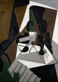 Quadro cubista de Juan Gris, uma natureza morta com garrafa verde, jornal e objetos fragmentados em tons de marrom, preto, branco e verde, com formas geométricas sobrepostas.