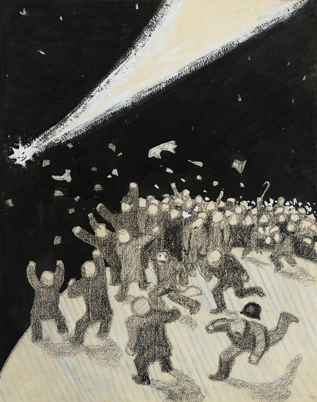 Uma pintura escura com um feixe de luz branco brilhante cortando o céu noturno acima de uma multidão de figuras humanas em movimento, algumas com os braços levantados, em tons de cinza e branco sobre um fundo preto, com detalhes em azul claro na parte inferior.
