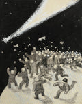 Uma pintura escura com um feixe de luz branco brilhante cortando o céu noturno acima de uma multidão de figuras humanas em movimento, algumas com os braços levantados, em tons de cinza e branco sobre um fundo preto, com detalhes em azul claro na parte inferior.