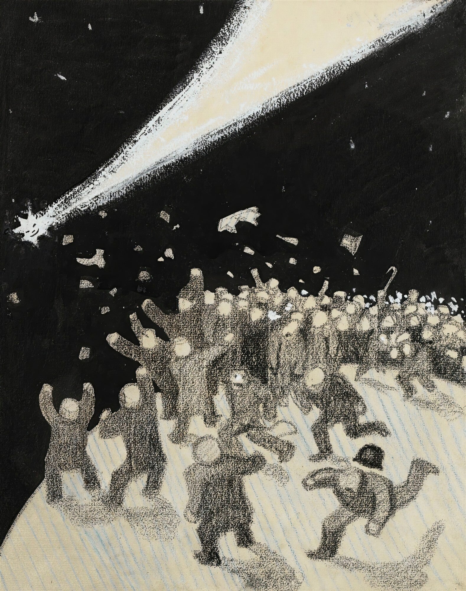Uma pintura escura com um feixe de luz branco brilhante cortando o céu noturno acima de uma multidão de figuras humanas em movimento, algumas com os braços levantados, em tons de cinza e branco sobre um fundo preto, com detalhes em azul claro na parte inferior.