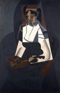 Quadro decorativo 'A Mulher com Guitarra' de Juan Gris, em estilo cubista, com figura feminina e instrumento musical em tons de cinza, marrom e branco.
